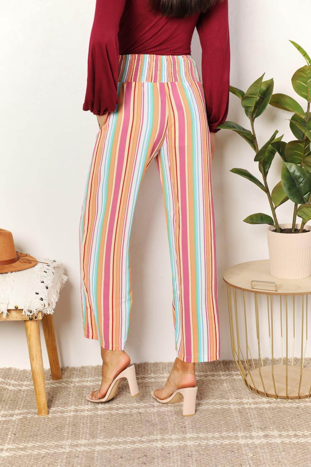 Double Take Striped Smocked Waist Pants with Pockets Stylish - Selvanelle