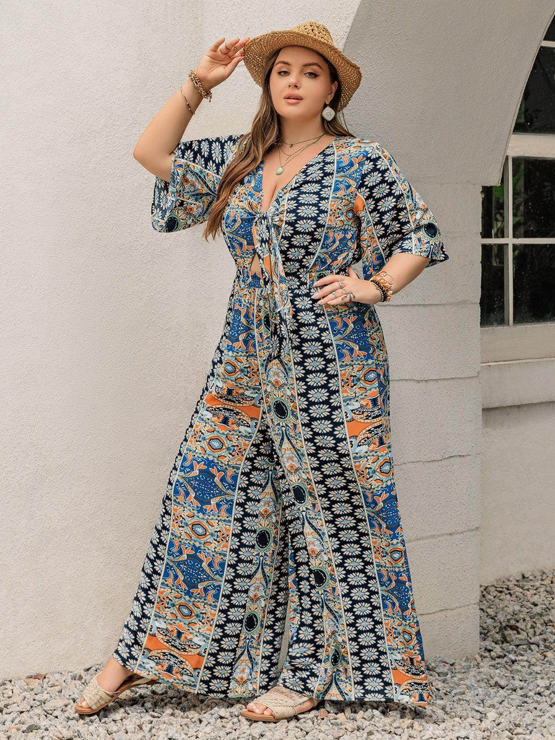 Plus Size Printed Half Sleeve Wide Leg Jumpsuit for Women - Selvanelle