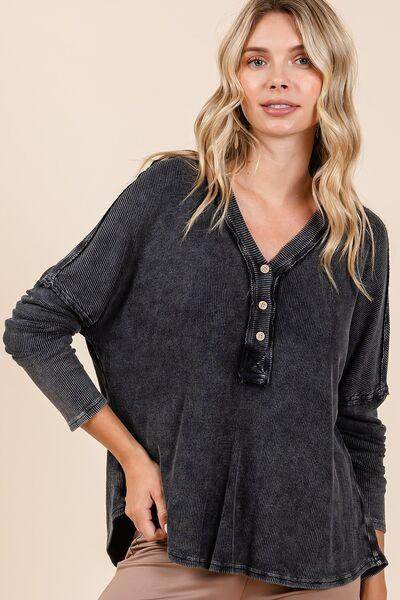 Mittoshop Washed V-Neck Long Sleeve Blouse for Women - Selvanelle