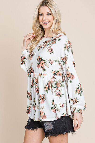 Super Lady Full Size Babydoll Floral Boat Neck Blouse - Selvanelle