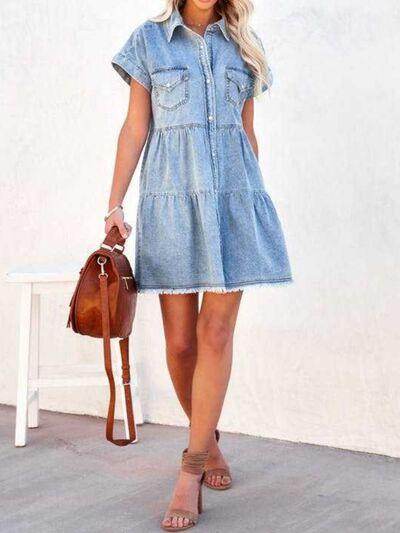 Raw Hem Short Sleeve Denim Dress for Casual Style - Selvanelle