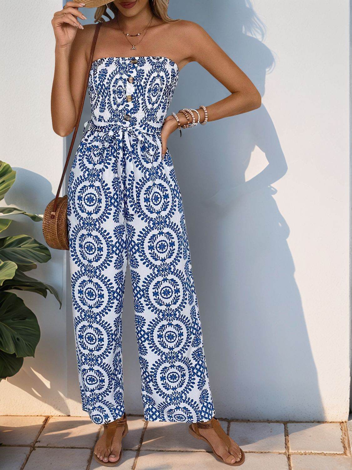 Perfee Smocked Tube Wide Leg Jumpsuit - Selvanelle