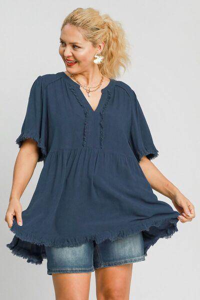 Umgee Full Size Raw Hem Notched Babydoll Linen Blouse Plus Size - Selvanelle