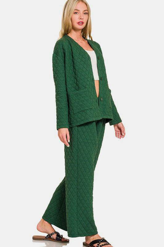 Zenana Quilted Button Up Long Sleeve Top and Pants Set - Selvanelle