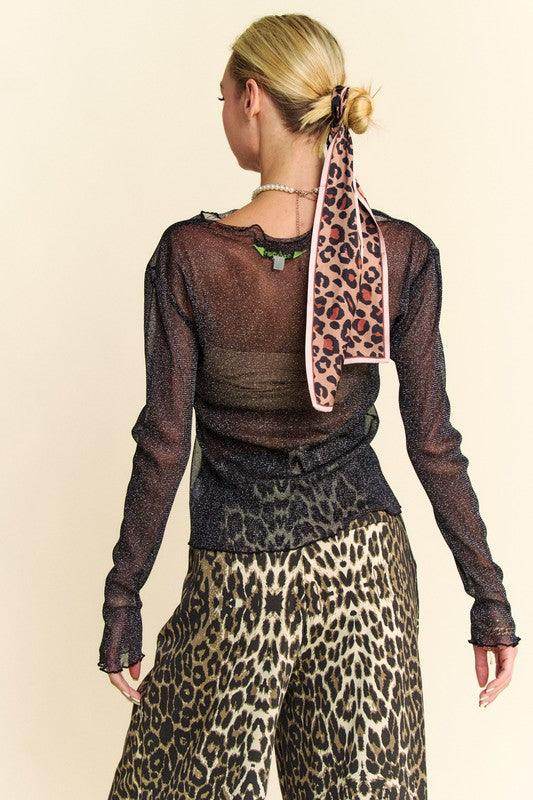 Davi & Dani Glitter Mesh Lettuce Hem Long Sleeve Top for Women - Selvanelle