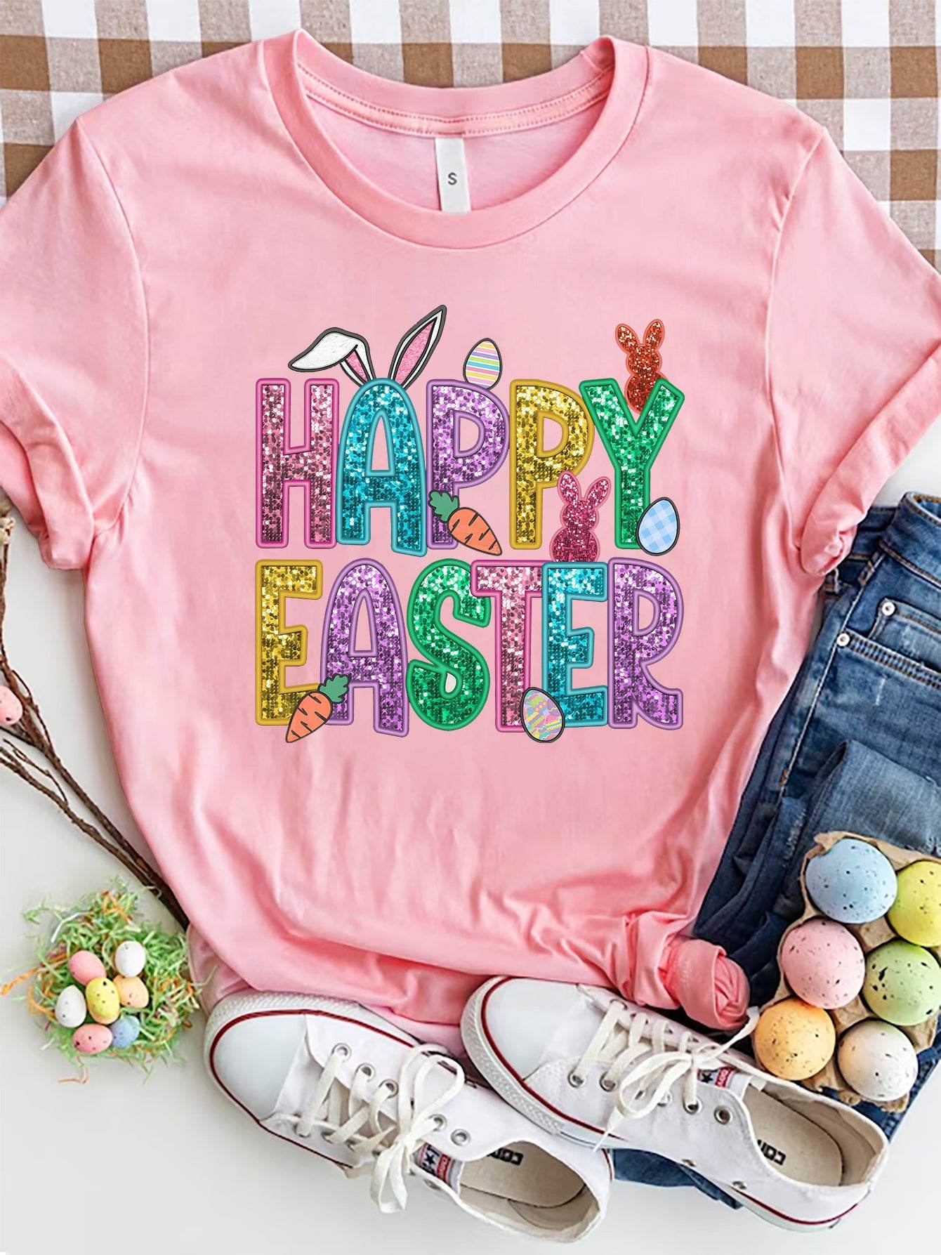 HAPPY EASTER Round Neck Short Sleeve T-Shirt - Selvanelle