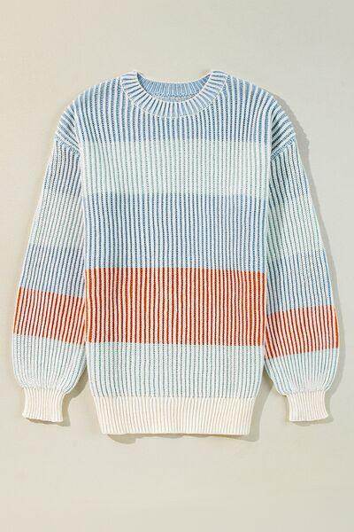 Striped Color Block Round Neck Long Sleeve Sweater for Women - Selvanelle