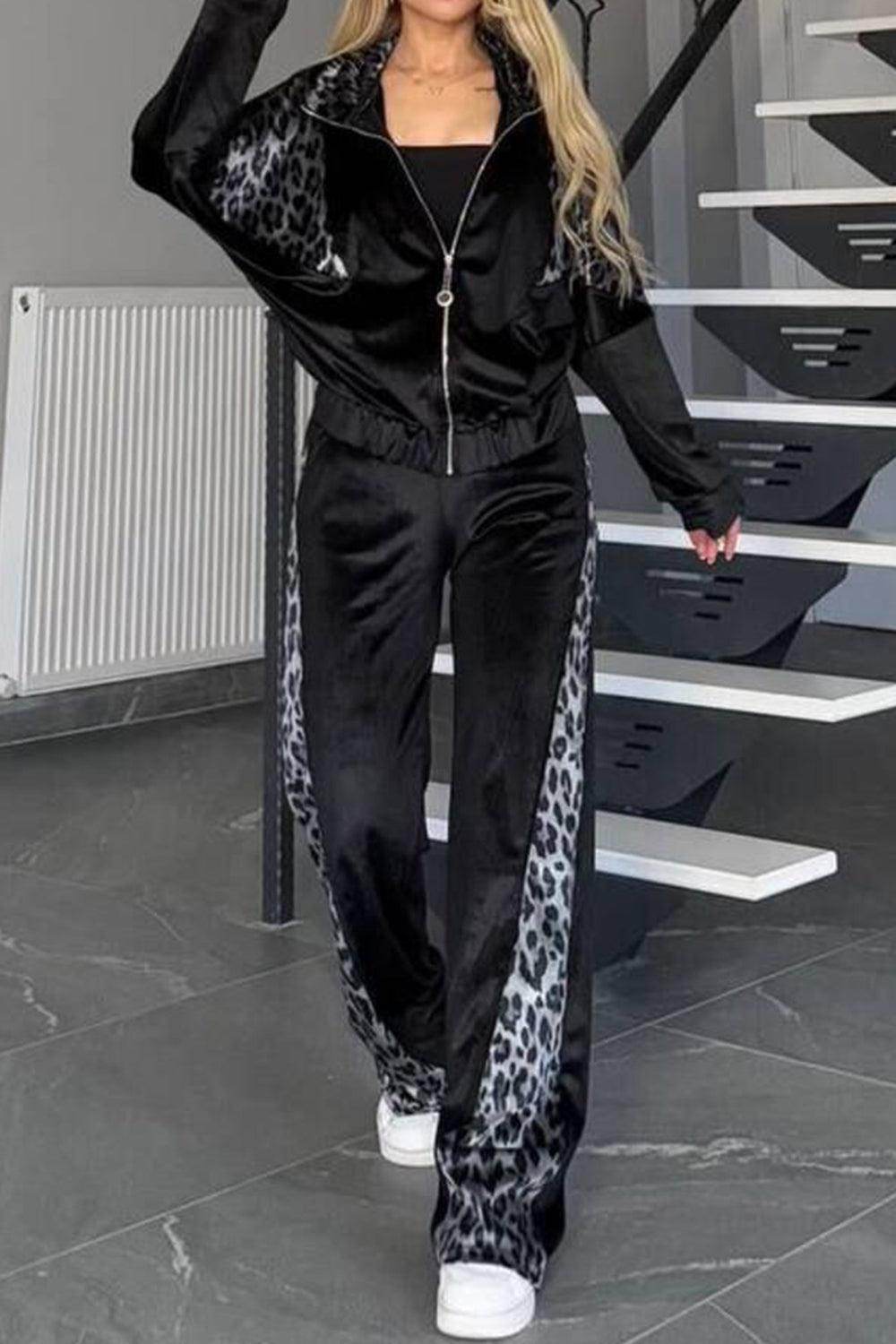 Full Size Collared Neck Leopard Zip Up Top and Pants Set Plus Size - Selvanelle