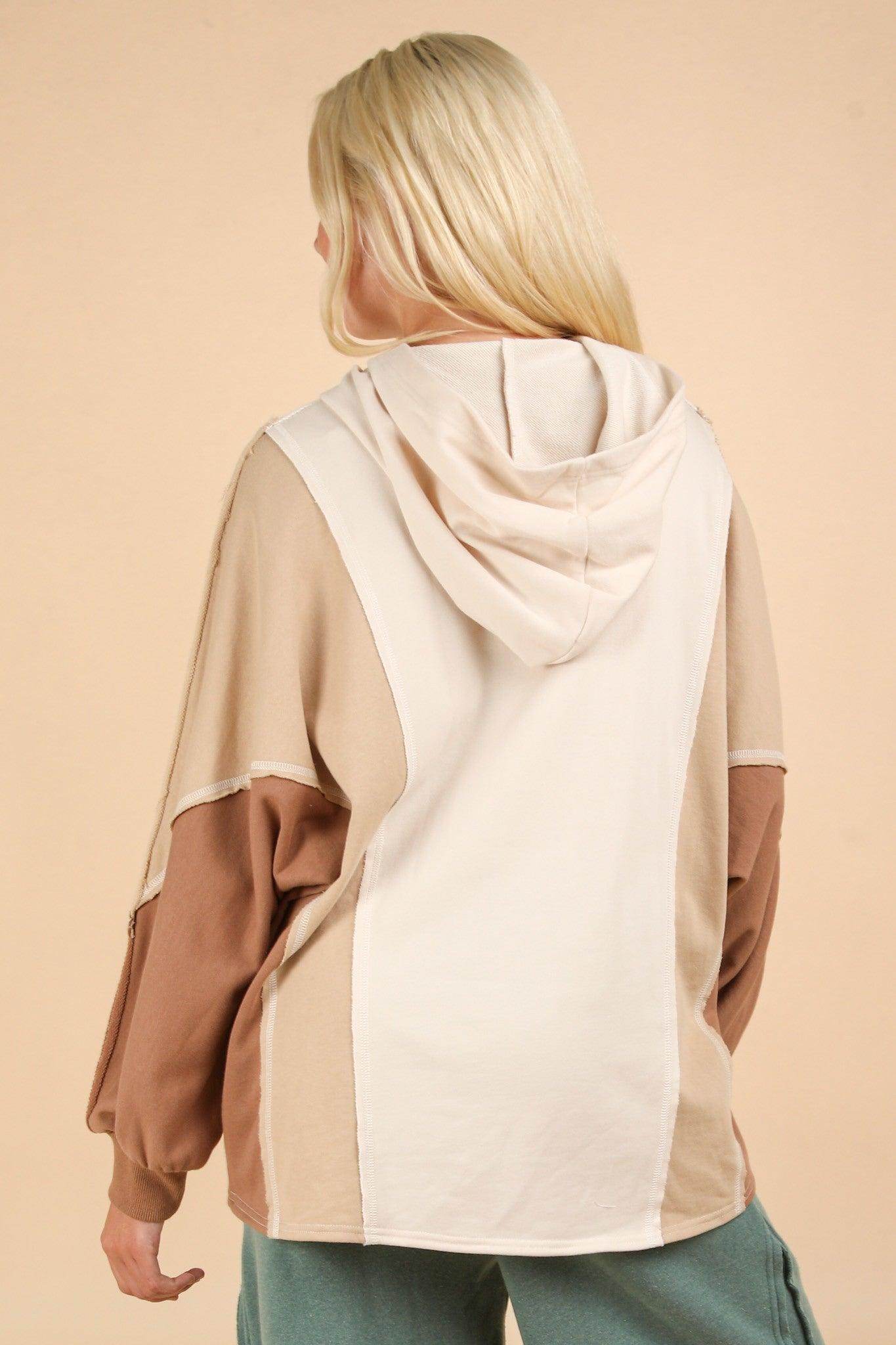 Very J Exposed Seam Color Block Half Button Hoodie - Selvanelle