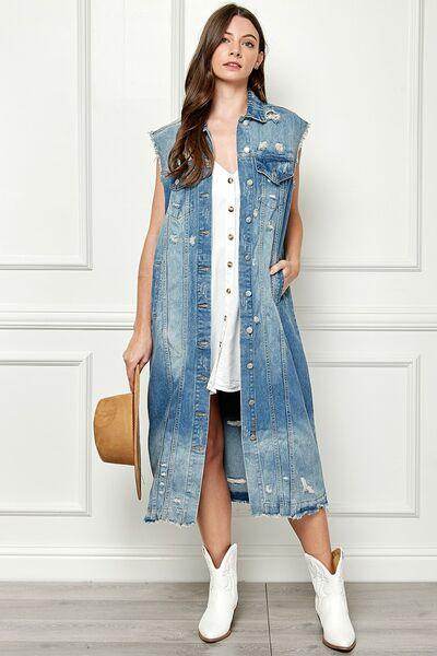 Veveret Full Size Distressed Sleeveless Longline Denim Jacket - Selvanelle