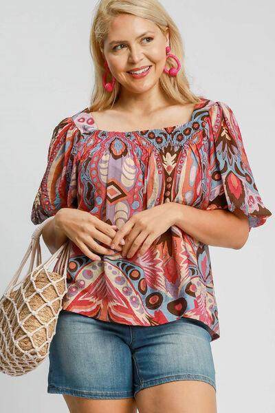 Umgee Full Size Abstract Print Smocked Square Neck Blouse - Selvanelle