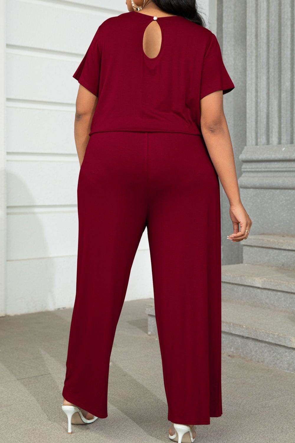 Plus Size Drawstring Waist Short Sleeve Jumpsuit - Selvanelle