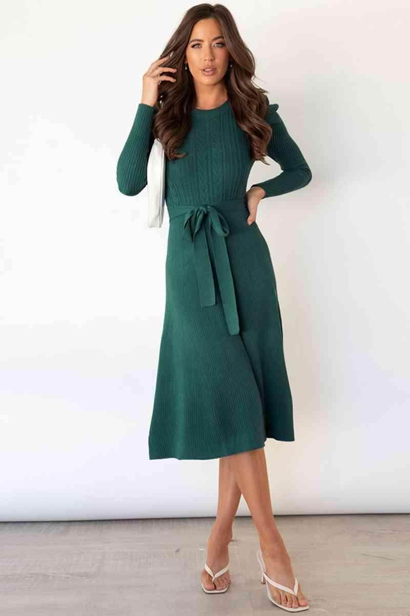 Round Neck Long Sleeve Tie Waist Sweater Dress for Women - Selvanelle