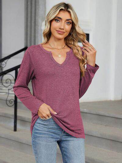 Notched Long Sleeve T-Shirt for Women in Various Sizes - Selvanelle