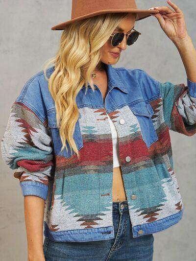 Geometric Button Up Dropped Shoulder Denim Jacket for Women - Selvanelle