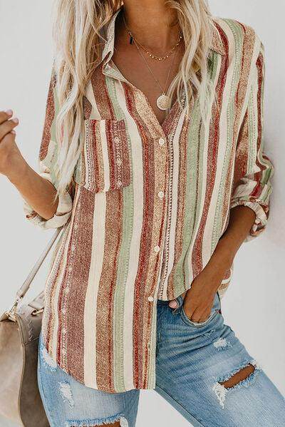 Striped Collared Neck Long Sleeve Shirt for Women Fashion - Selvanelle