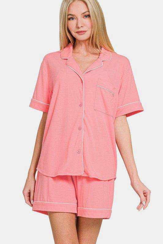 Zenana Button Down Short Sleeve Top and Shorts Lounge Set - Selvanelle