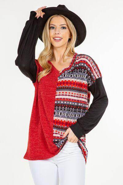 Celeste Full Size Contrast Geometric V-Neck Blouse - Selvanelle