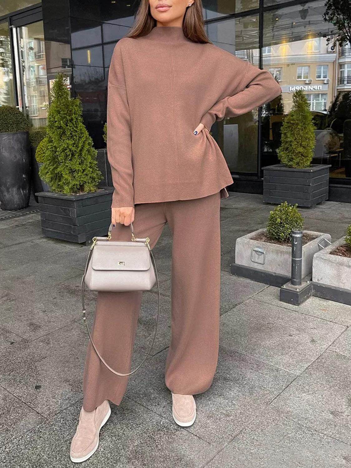 Slit Mock Neck Top and Pants Sweater Set for Women - Selvanelle