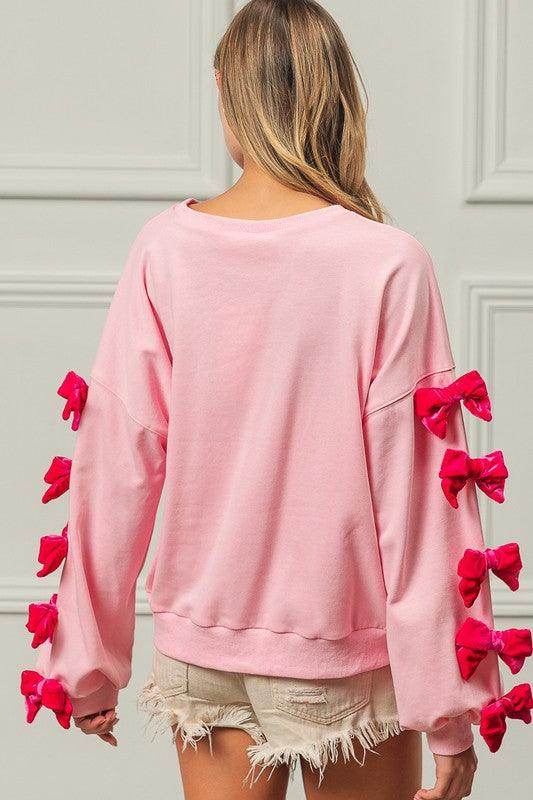 BiBi Velvet Ribbon Bows Long Sleeve Round Neck Sweatshirt - Selvanelle