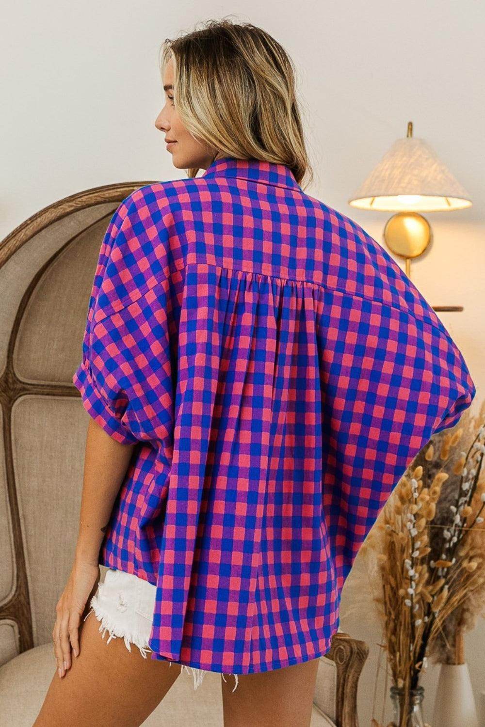 BiBi Plaid Button Up Dolman Sleeve Shirt for Women - Selvanelle