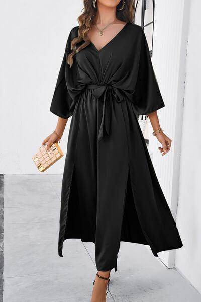 Devine Slit Tied V-Neck Three-Quarter Sleeve Dress for Women - Selvanelle