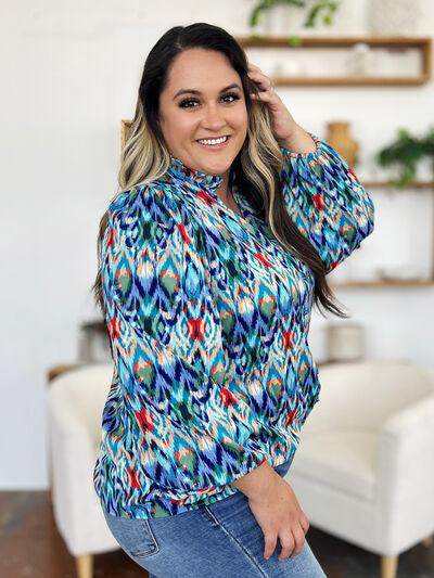 Double Take Full Size Printed Balloon Sleeve Blouse for Women - Selvanelle