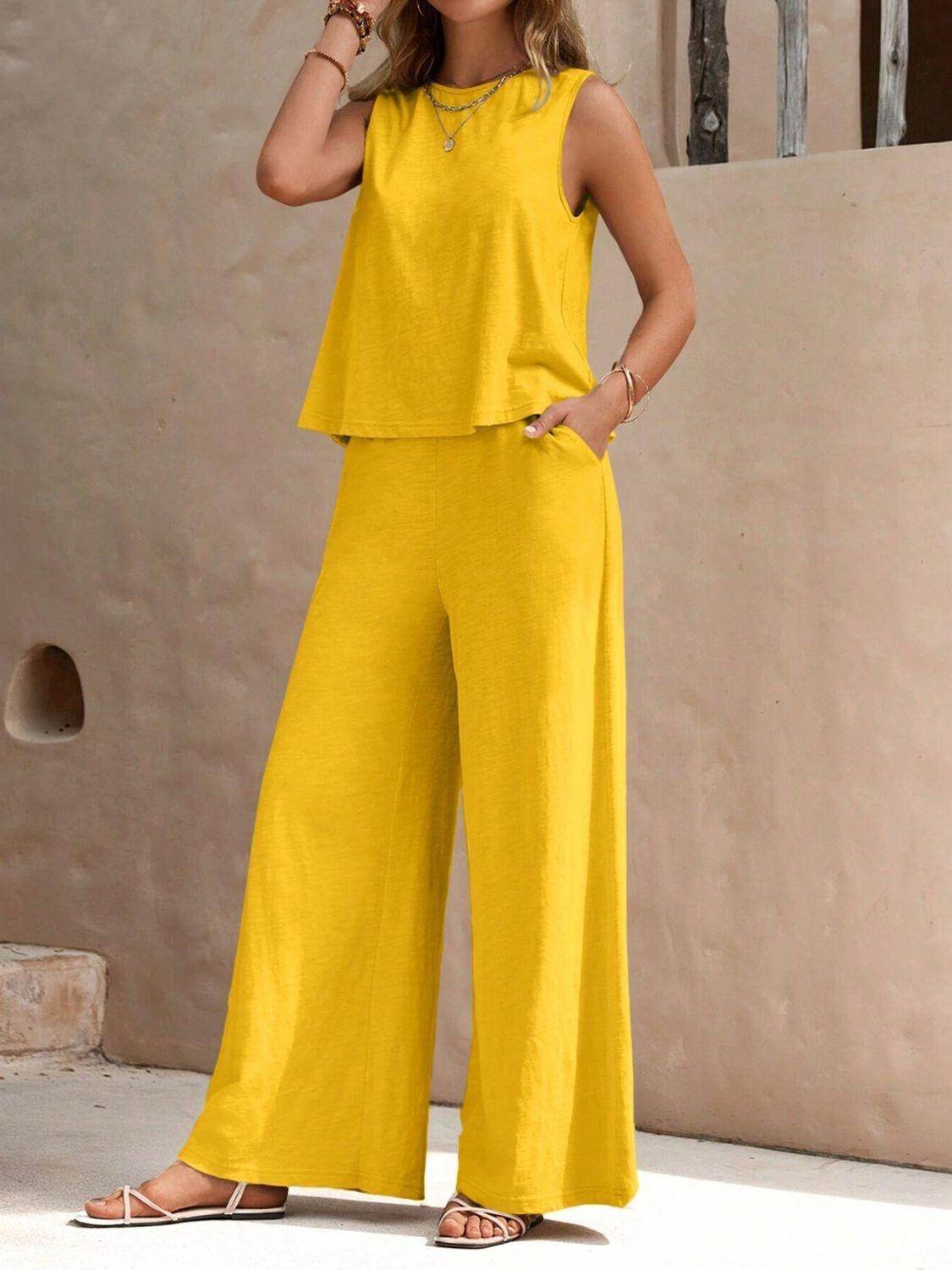 Stylish Round Neck Sleeveless Top and Wide Leg Pants Set - Selvanelle