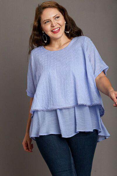 Umgee Full Size Eyelet Layered Short Sleeve Blouse Plus Size - Selvanelle