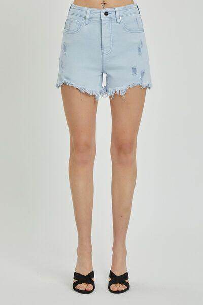 RISEN Full Size High Rise Distressed Detail Denim Shorts - Selvanelle
