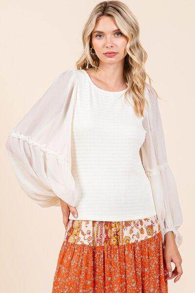 Mittoshop Mixed Media Textured Knit Chiffon Long Sleeve Top - Selvanelle