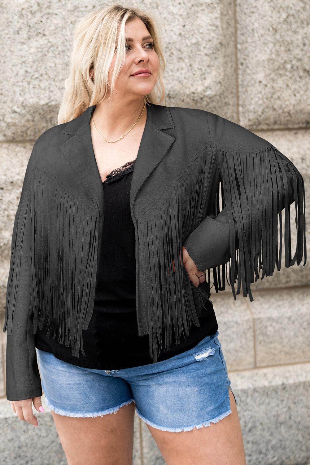 Plus Size Fringe Open Front Jacket for Stylish Layering - Selvanelle