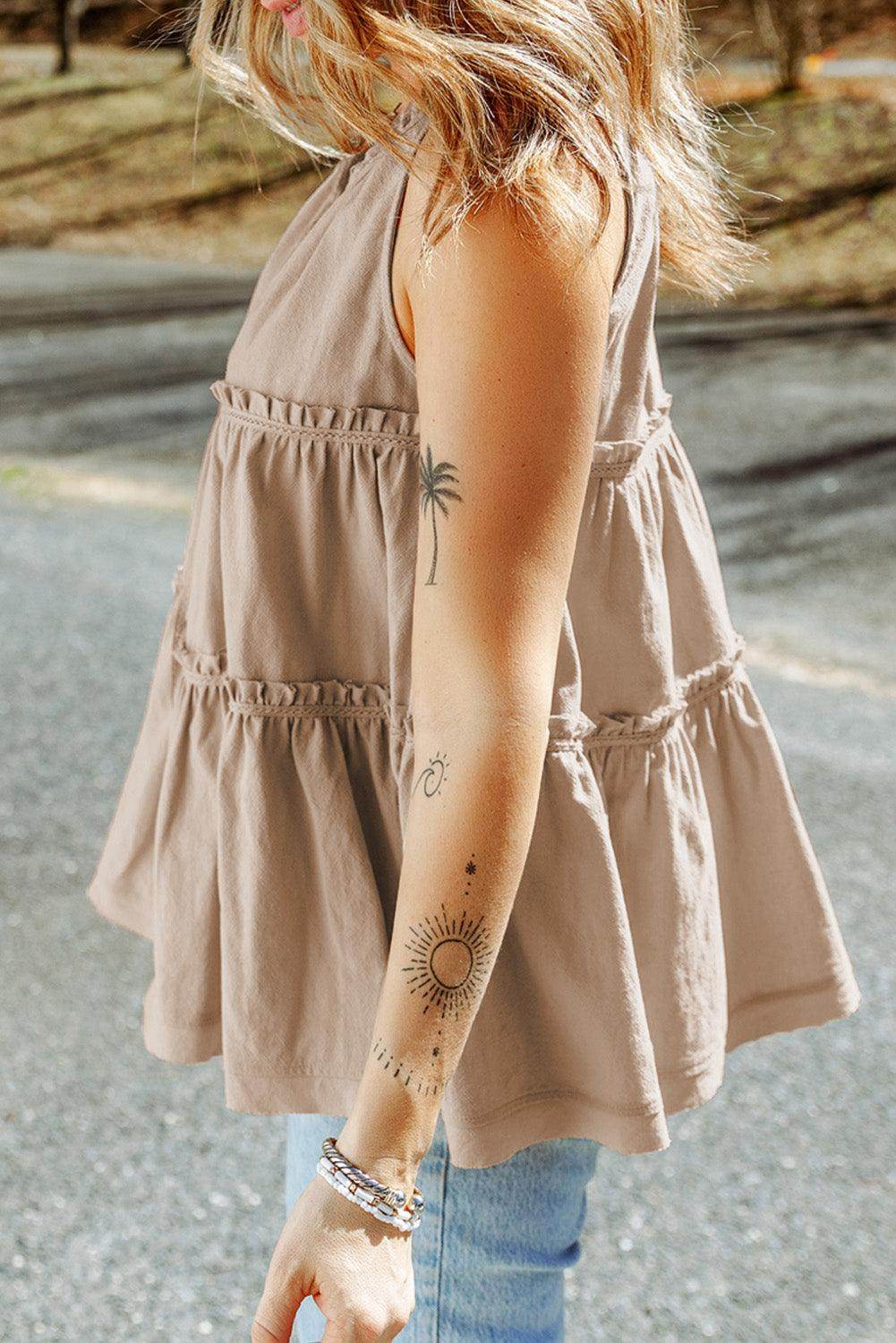 Tiered Frill Tie Neck Tank for Women's Stylish Summer Wear - Selvanelle