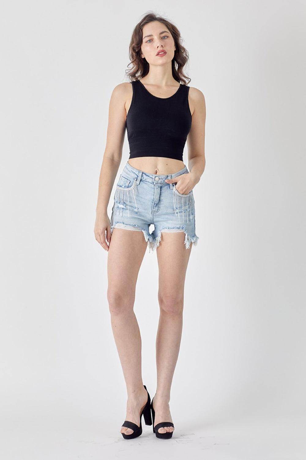 RISEN Frayed Hem Denim Shorts with Fringe Detail Pockets - Selvanelle