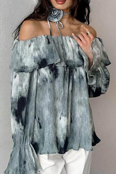 Printed Ruffled Off-Shoulder Blouse with Flower Neck Tie - Selvanelle