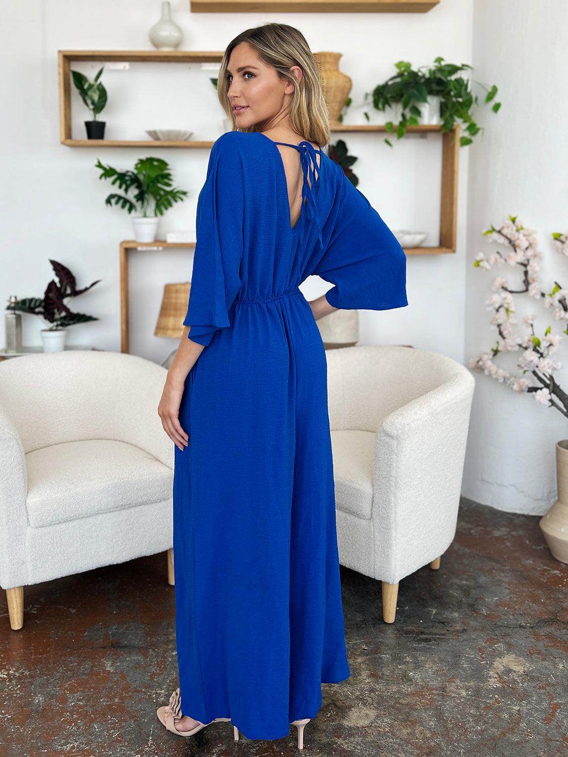 Double Take Full Size Surplice Wide Leg Jumpsuit with Pockets - Selvanelle