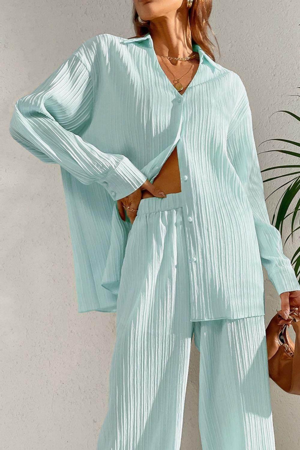 Johnny Collar Button Down Top and Pants Set for Women - Selvanelle