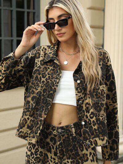 Pocketed Leopard Long Sleeve Denim Jacket for Women - Selvanelle