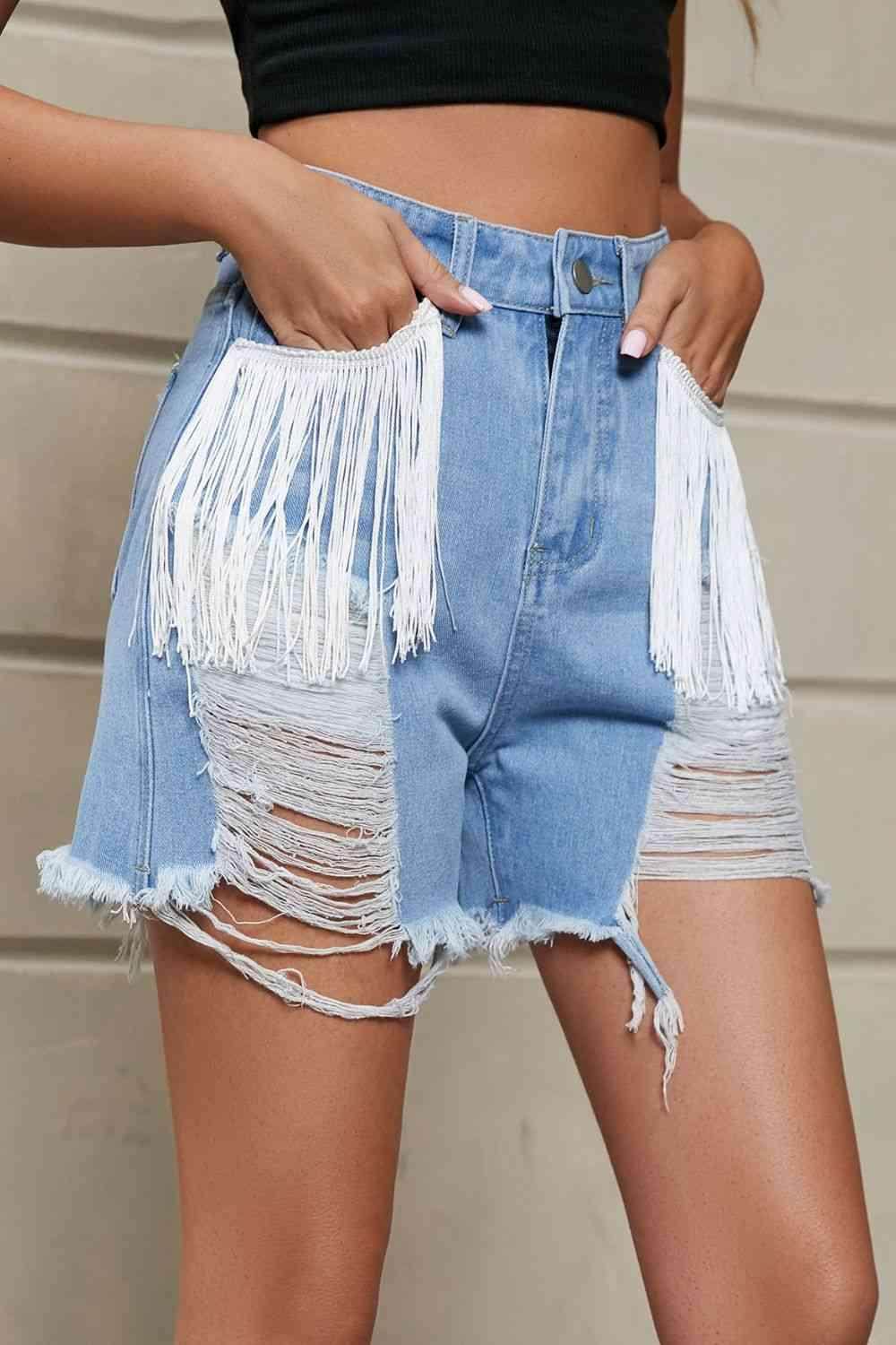 Fringe Trim Distressed Denim Shorts with Pockets for Women - Selvanelle