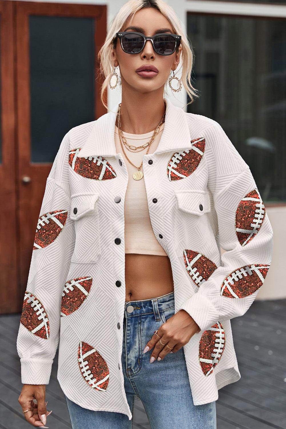 Sequin Football Patch Collared Neck Snap Button Jacket for Women - Selvanelle