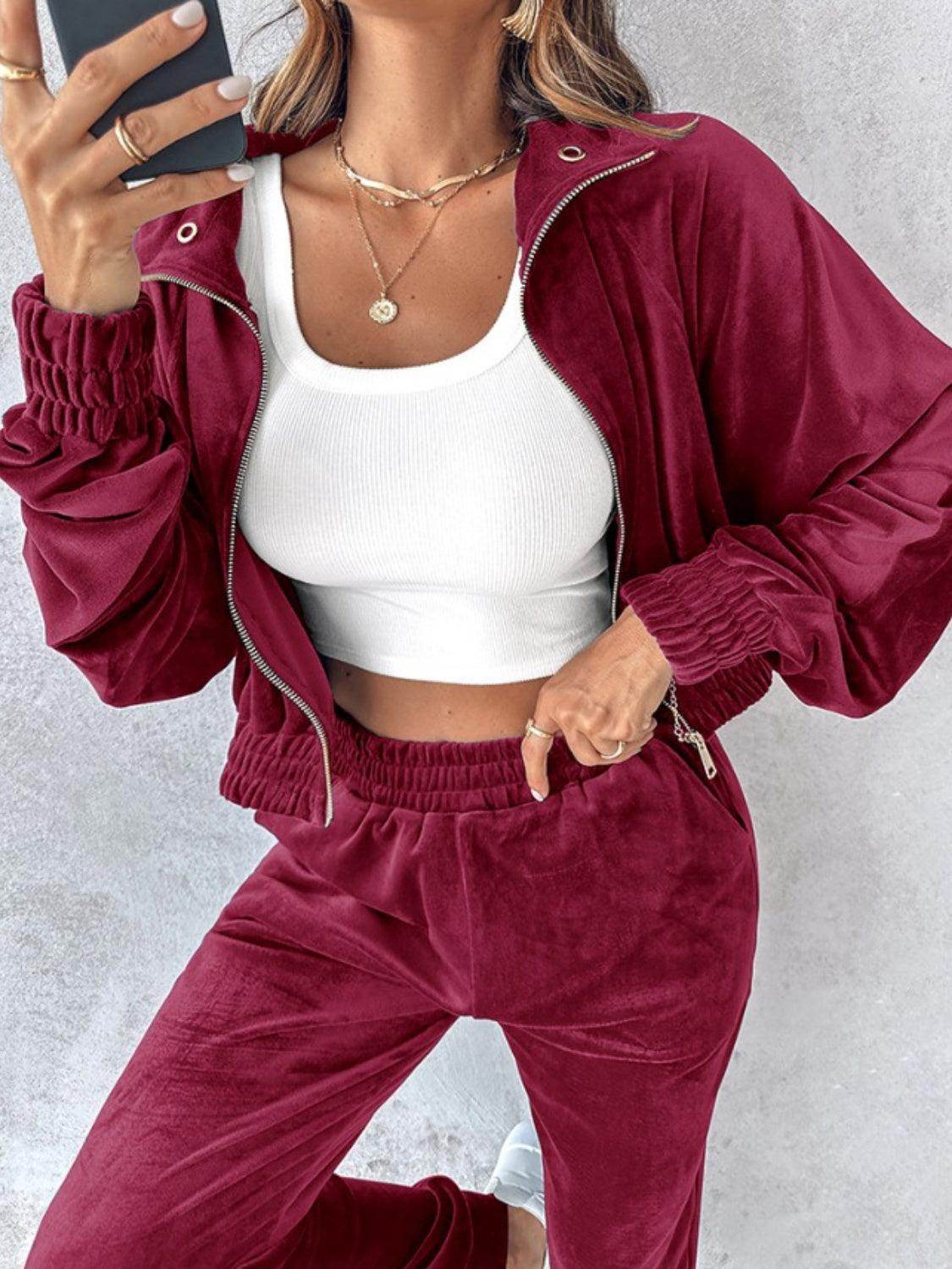 Zip Up Long Sleeve Cropped Top and Joggers Set for Women - Selvanelle