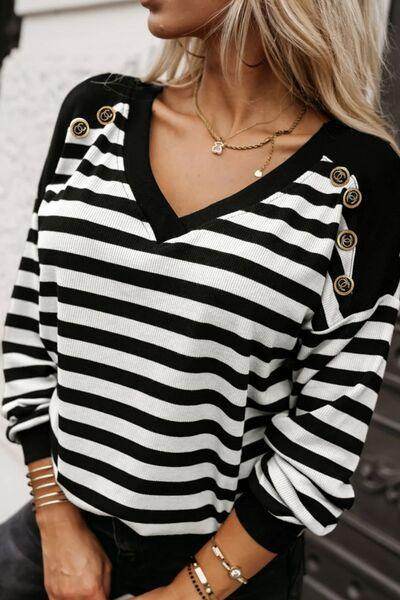 Striped Lace Detail V Neck Top for Stylish Comfort - Selvanelle