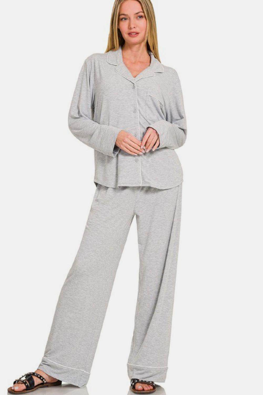 Zenana Button Down Long Sleeve Top and Pants Lounge Set - Selvanelle