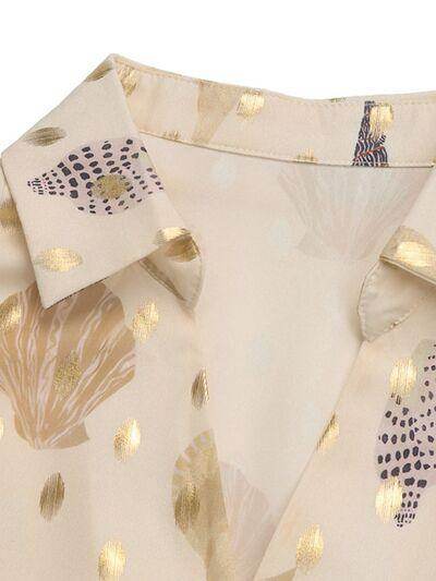 Perfee Printed Collared Neck Long Sleeve Shirt for Women - Selvanelle