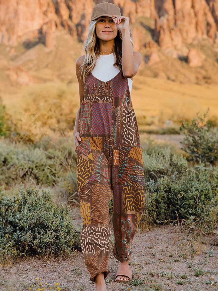 Double Take Full Size Printed V-Neck Sleeveless Jumpsuit - Selvanelle