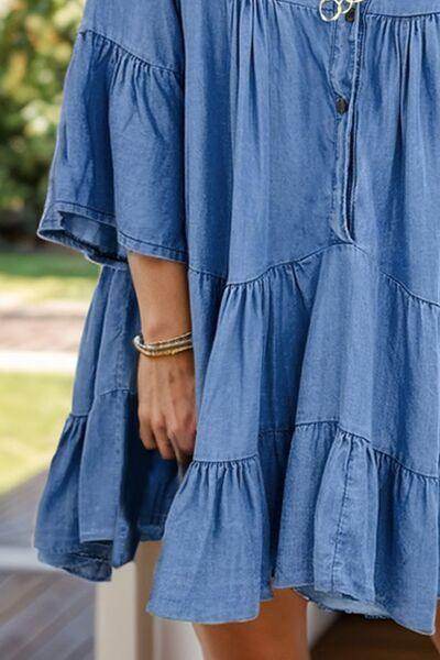 Notched Flare Sleeve Denim Dress for Casual Chic Style - Selvanelle