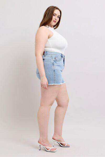 Judy Blue Full Size Tummy Control Raw Hem Denim Shorts Plus Size - Selvanelle