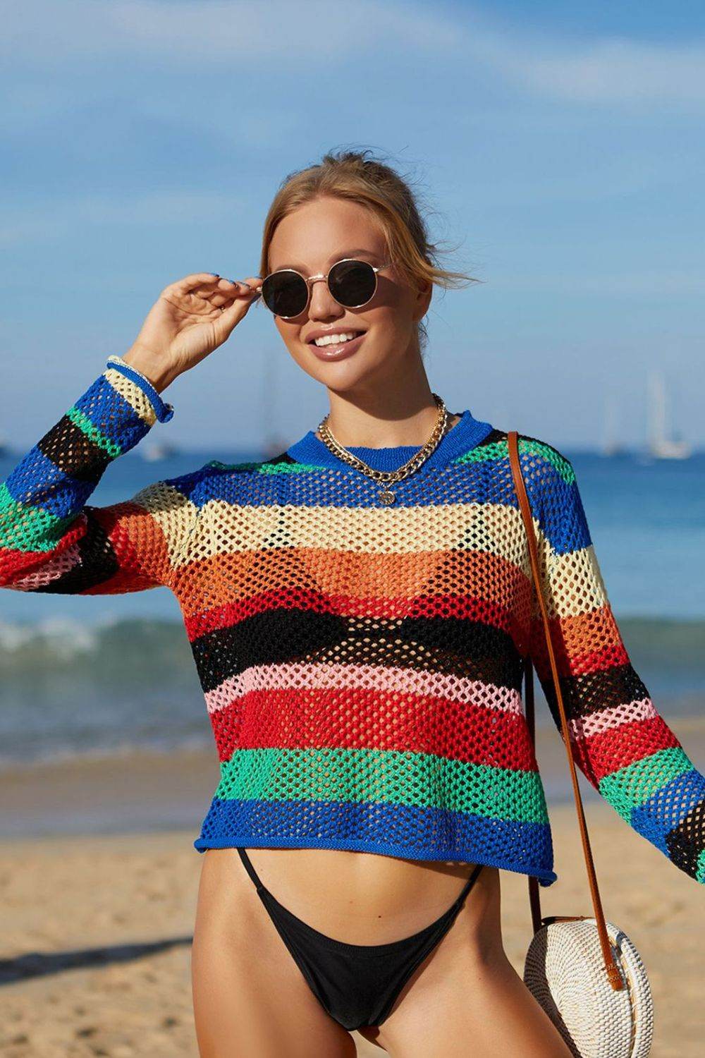 Angel Wings Rainbow Stripe Openwork Long Sleeve Cover-Up - Selvanelle