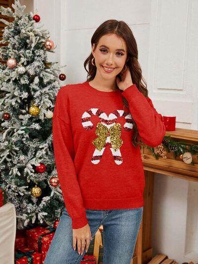Sequin Candy Cane Round Neck Long Sleeve Sweater for Women - Selvanelle