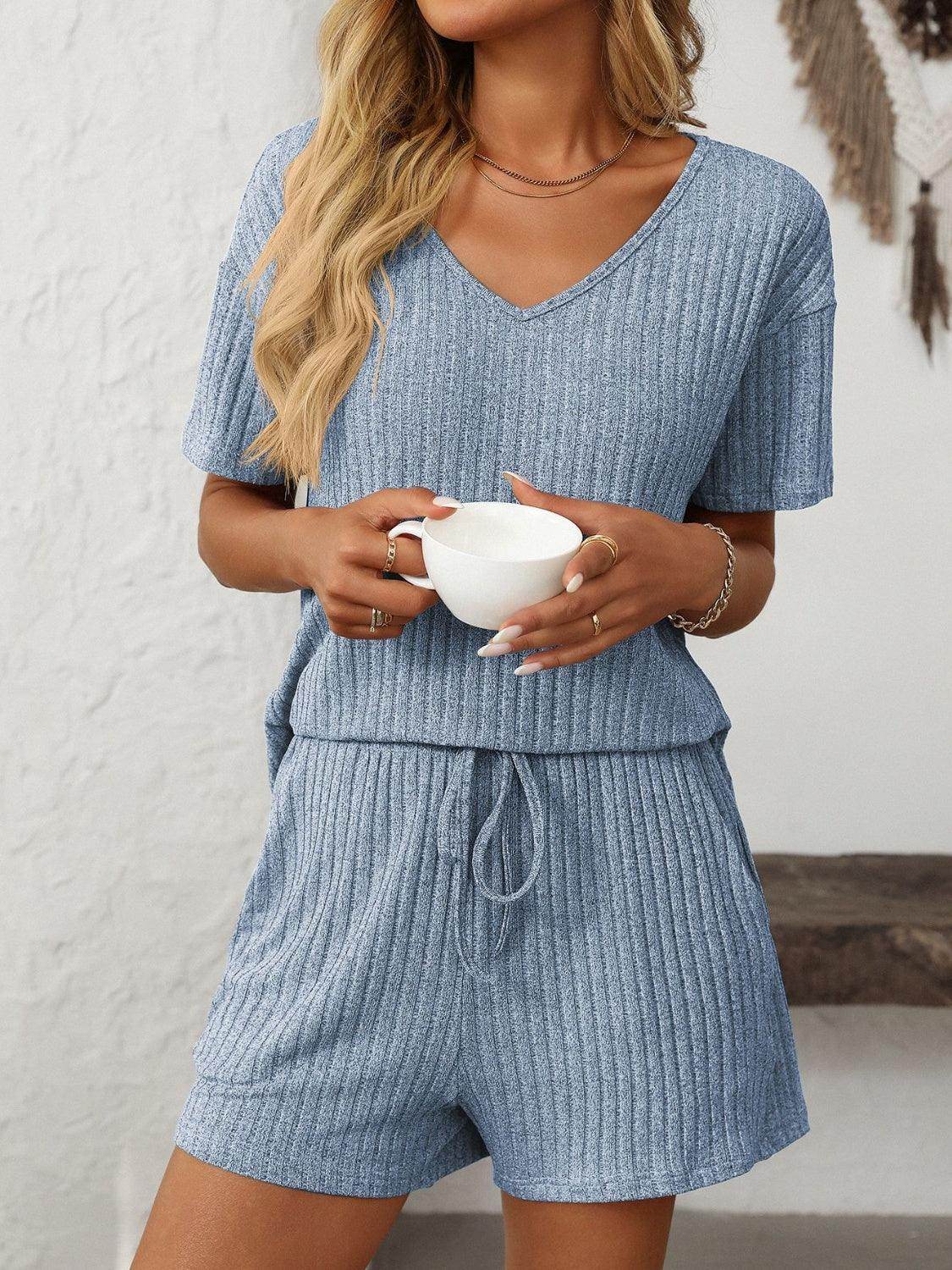 Mandy V-Neck Short Sleeve Top and Shorts Set for Women - Selvanelle